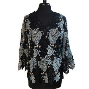 𝅺KOBI Halperin Lynn Embroidered Lace Bell Sleeve Blouse Size M